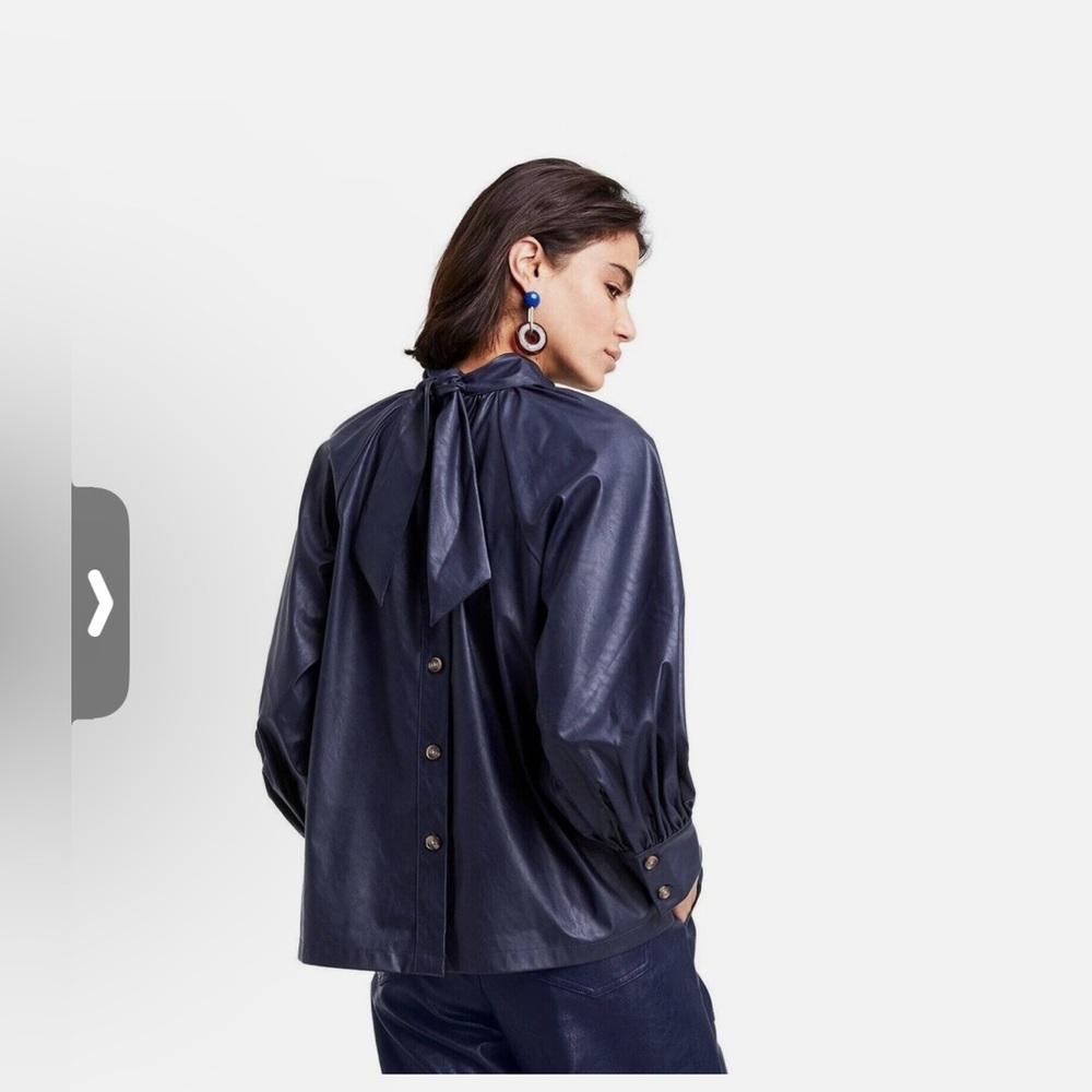 NWT RACHEL COMEY Faux Leather Blouse M Navy Blue Button Down Tie Back Mock Neck
